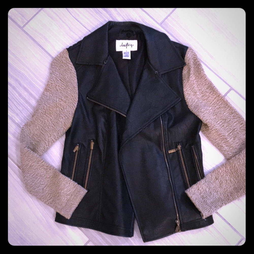 Pleather jacket with sweater sleeves
